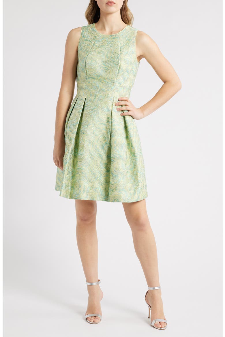 jacquard fit flare dress Floral Jacquard Short Fit And Flare Dress In Blue Black Multi