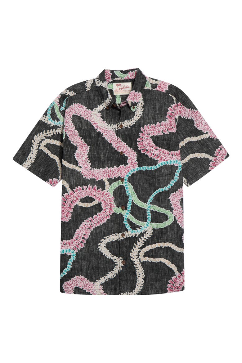 Lei Aloha Short Sleeve Cotton Button-Down Shirt, Main, color, BLACK