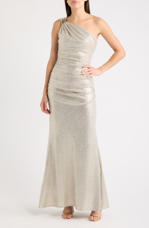 Metallic One-Shoulder Ruched Mermaid Gown