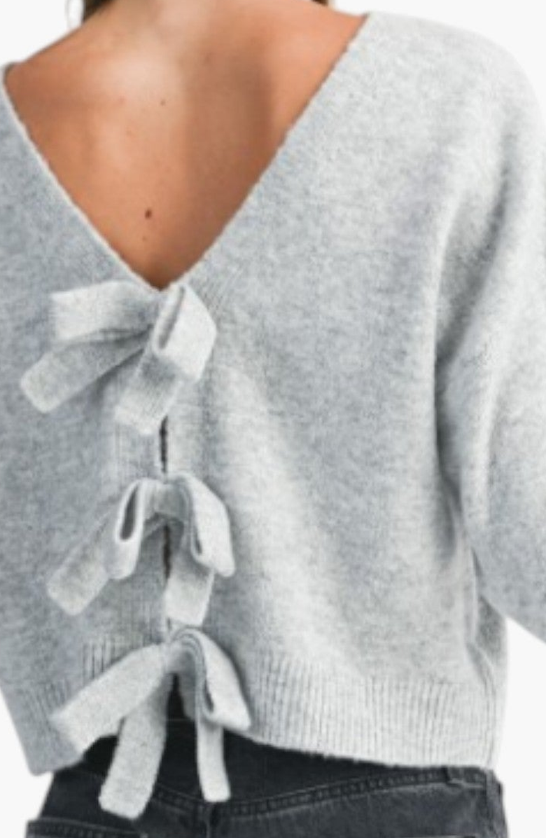Modenaire Plush Knit Sweater with Deep V-Back and Bow Tie Accents, Alternate, color, 