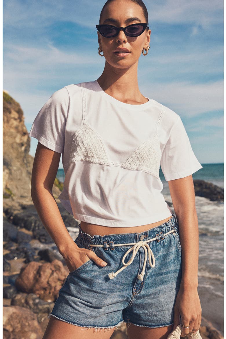 Paper Bag High Waist Denim Shorts, Alternate, color, MED WASH