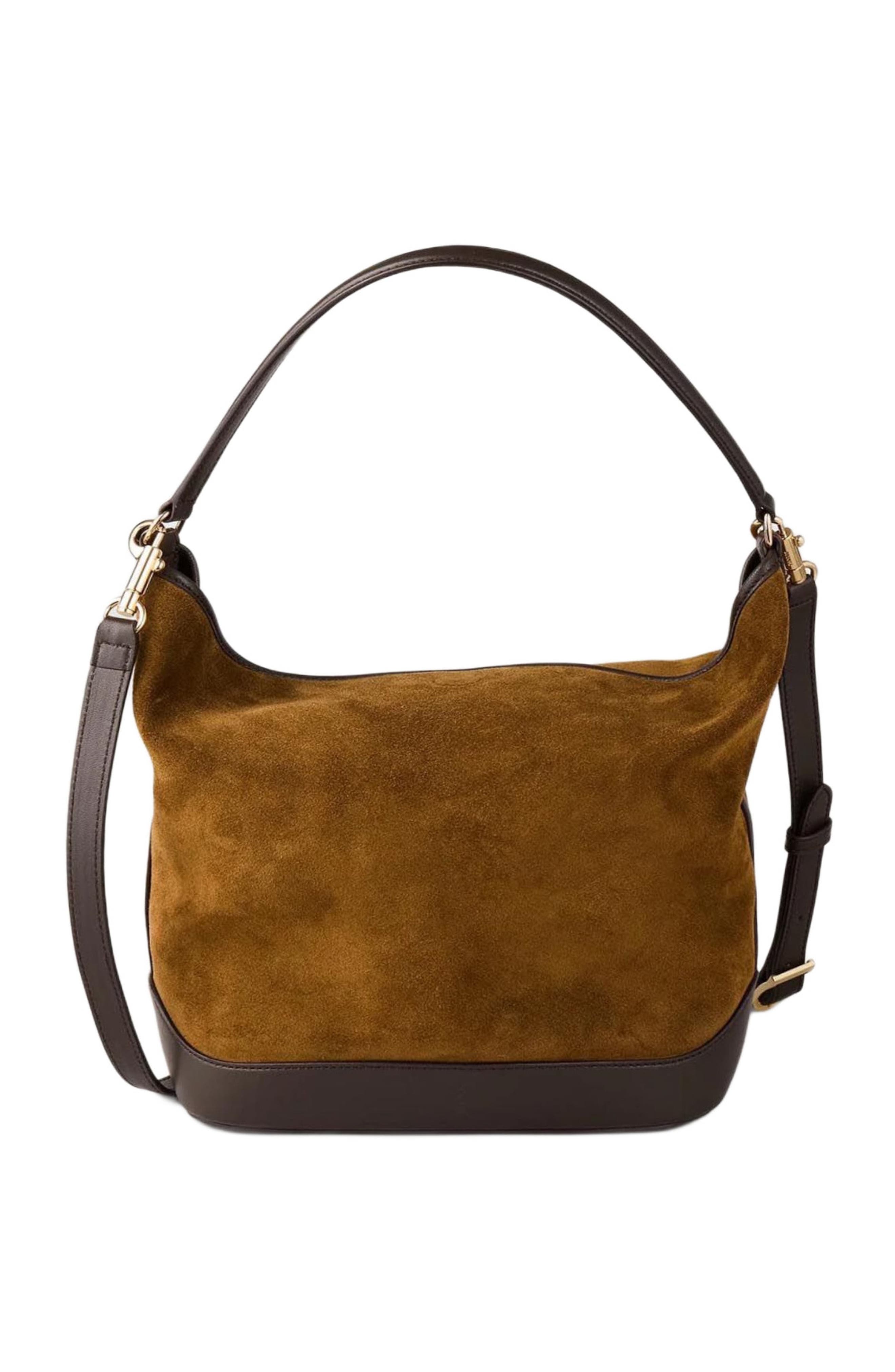 SANDRO Suede and leather bucket bag TANGOSO, Alternate, color, Camel