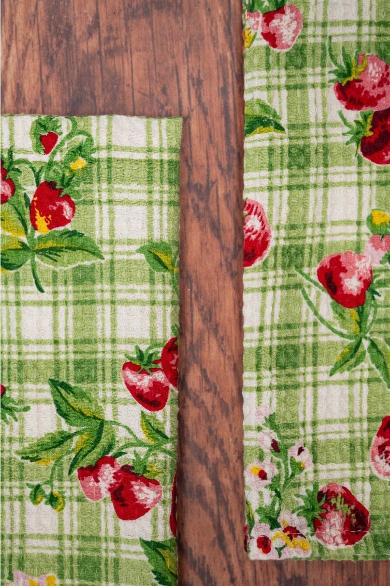 Strawberry Gingham Tea Towels, Set of 2, Alternate, color, Green