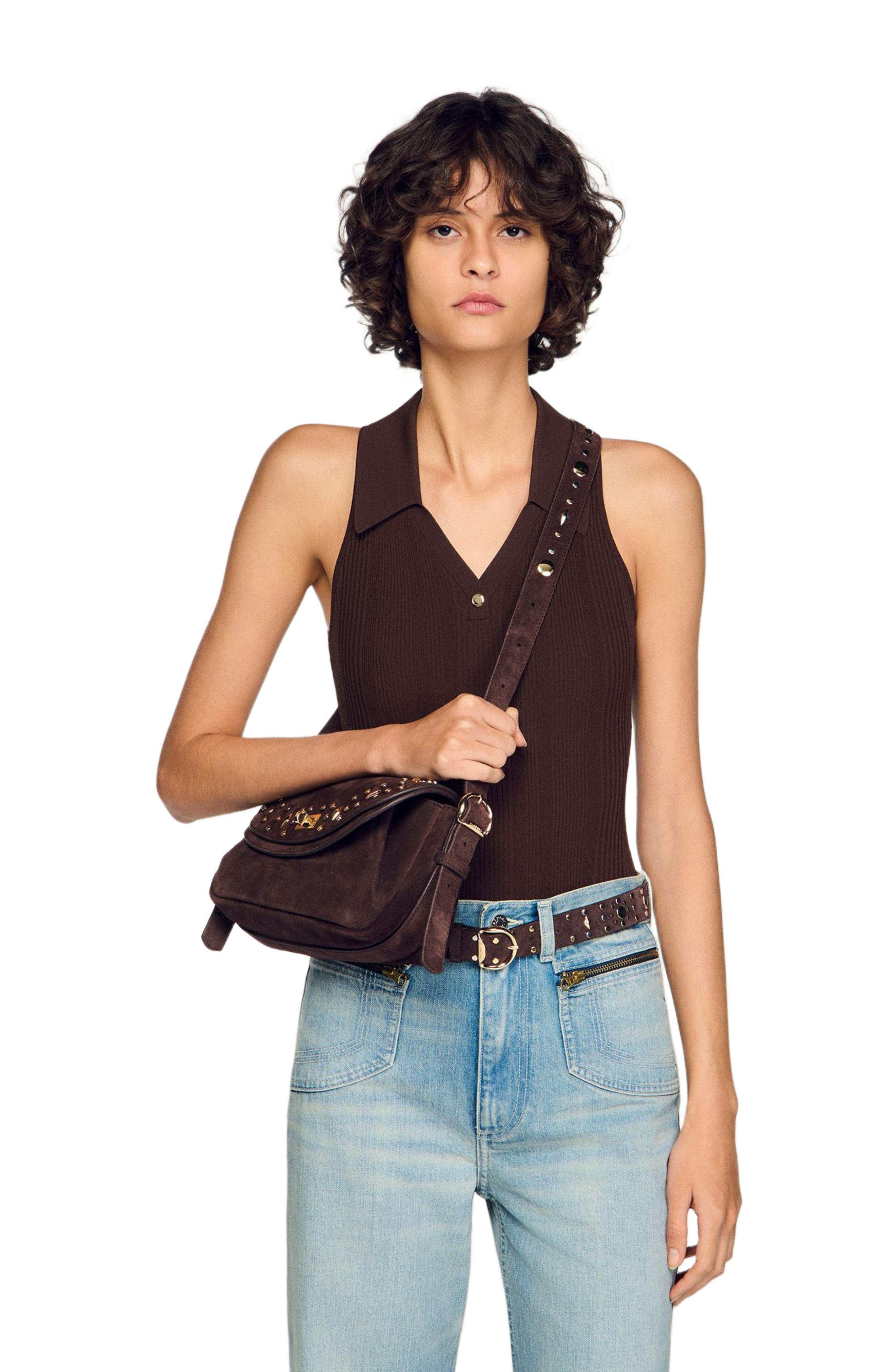 SANDRO LE MAMBO JANYS studded suede bag, Alternate, color, Black Brown