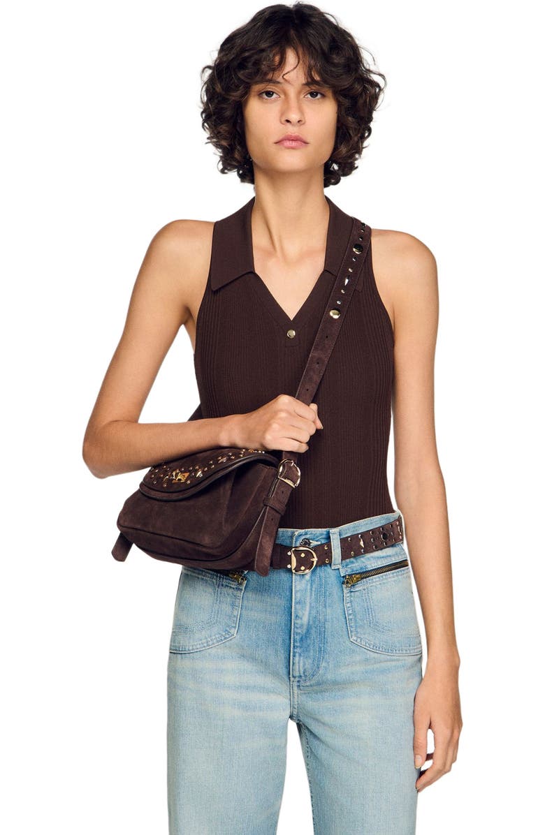 SANDRO LE MAMBO JANYS studded suede bag, Alternate, color, Black Brown