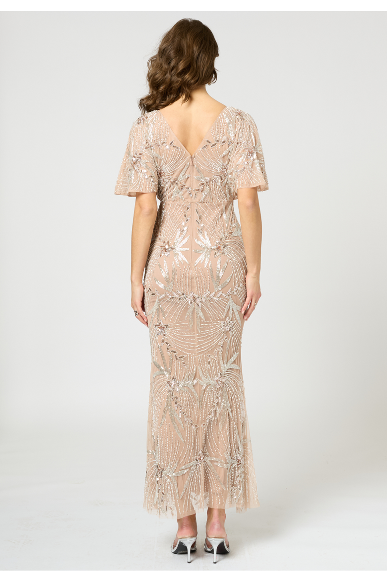 Embellished Sequin Beaded Maxi Dress With Cape Sleeve, Alternate, color, TAUPE BLUSH