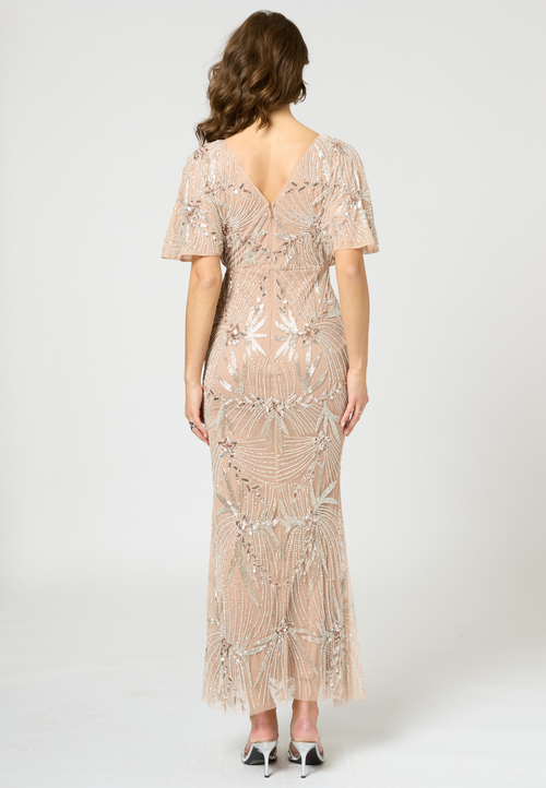 Beauut Embellished Sequin Beaded Maxi Dress With Cape Sleeve In Brown