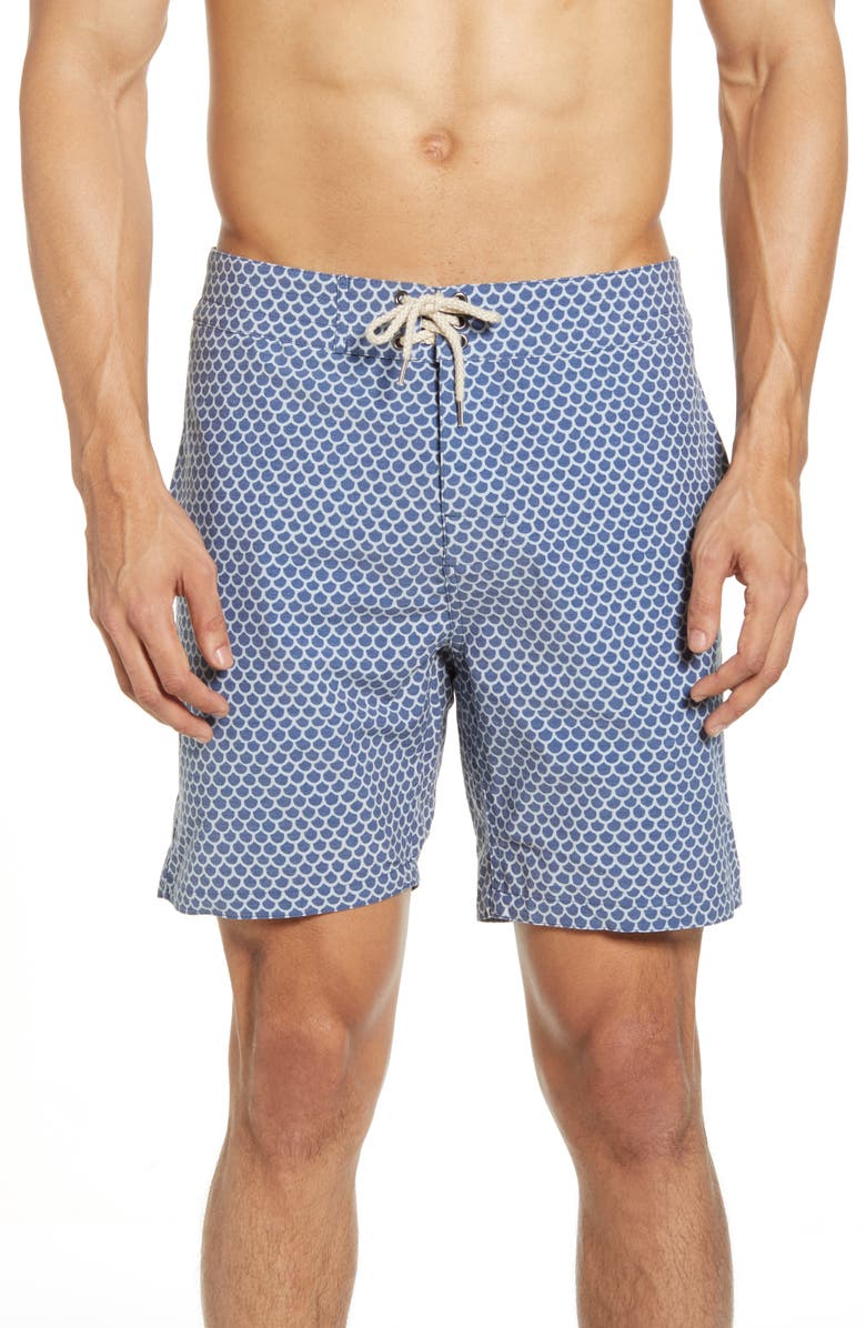 Faherty Scallop Print Board Shorts, Main, color, Fish Scale Batik