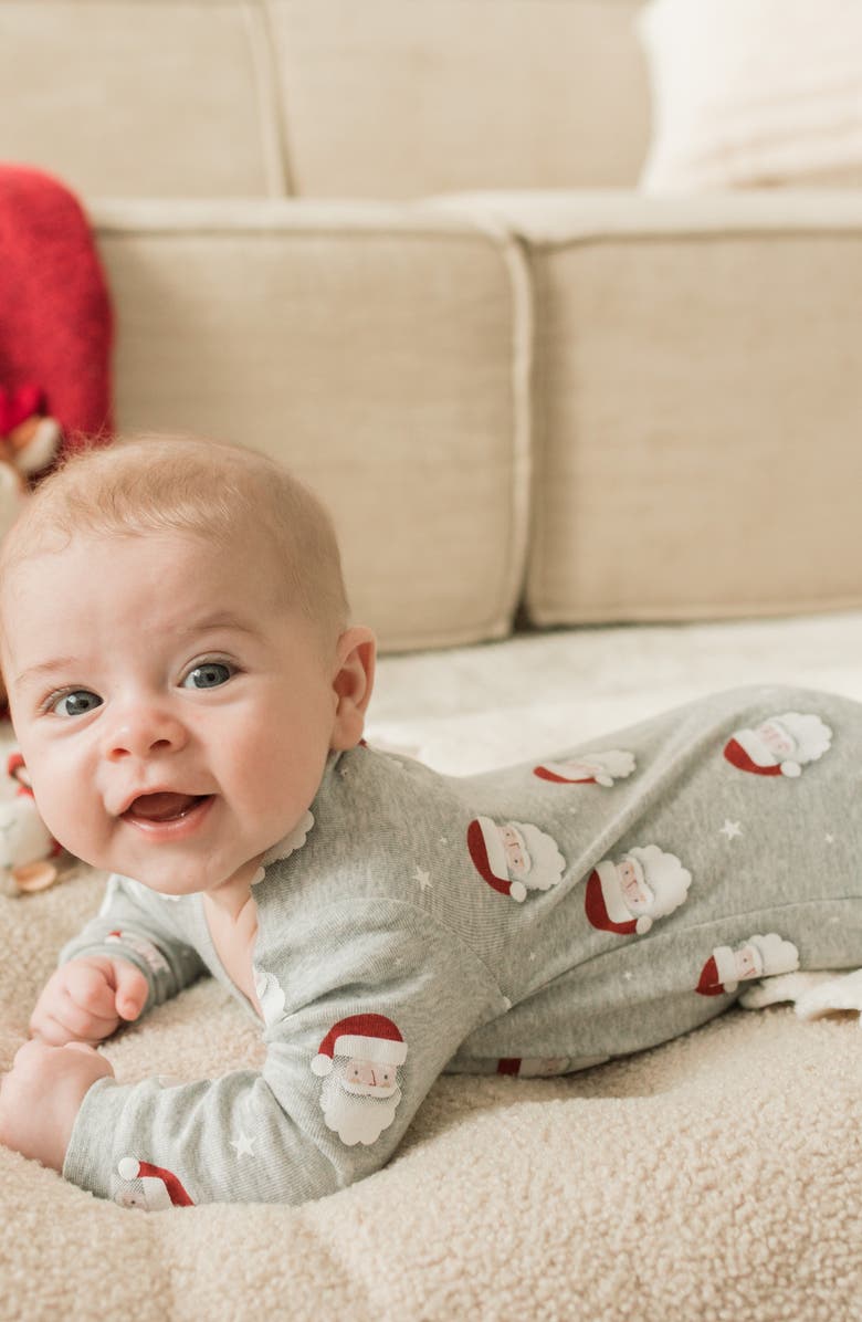 Petit Lem Santa Print Fitted One-Piece Organic Cotton Pajamas, Alternate, color, Medium Heather Grey