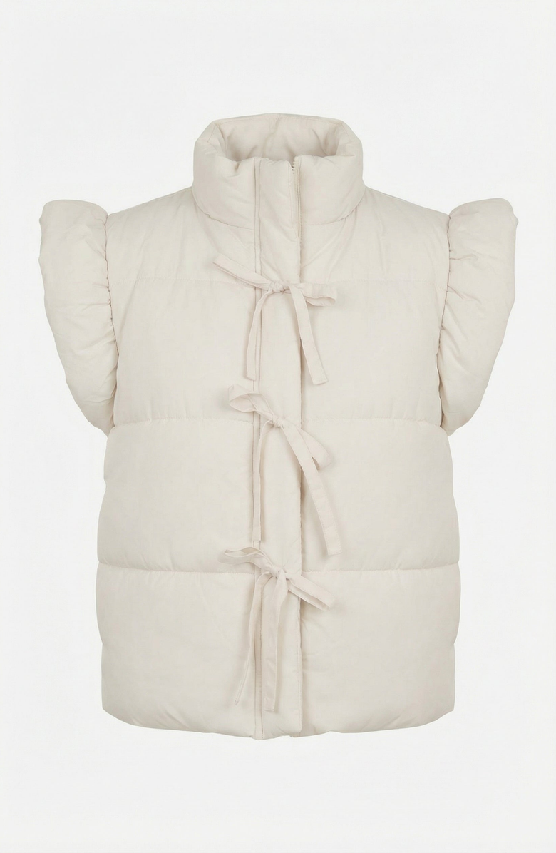 Modenaire Ruffle Shoulder Puffer Vest with Front Tie Closures and Stand Collar, Alternate, color, White