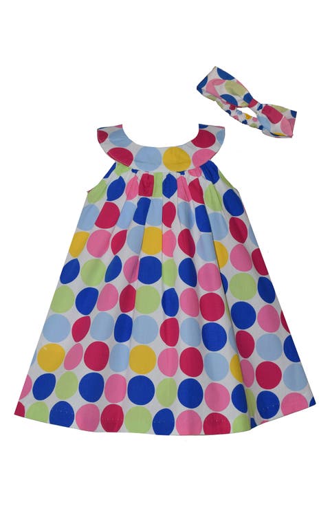 Polka Dot Cotton Trapeze Dress & Headband Set (Baby)