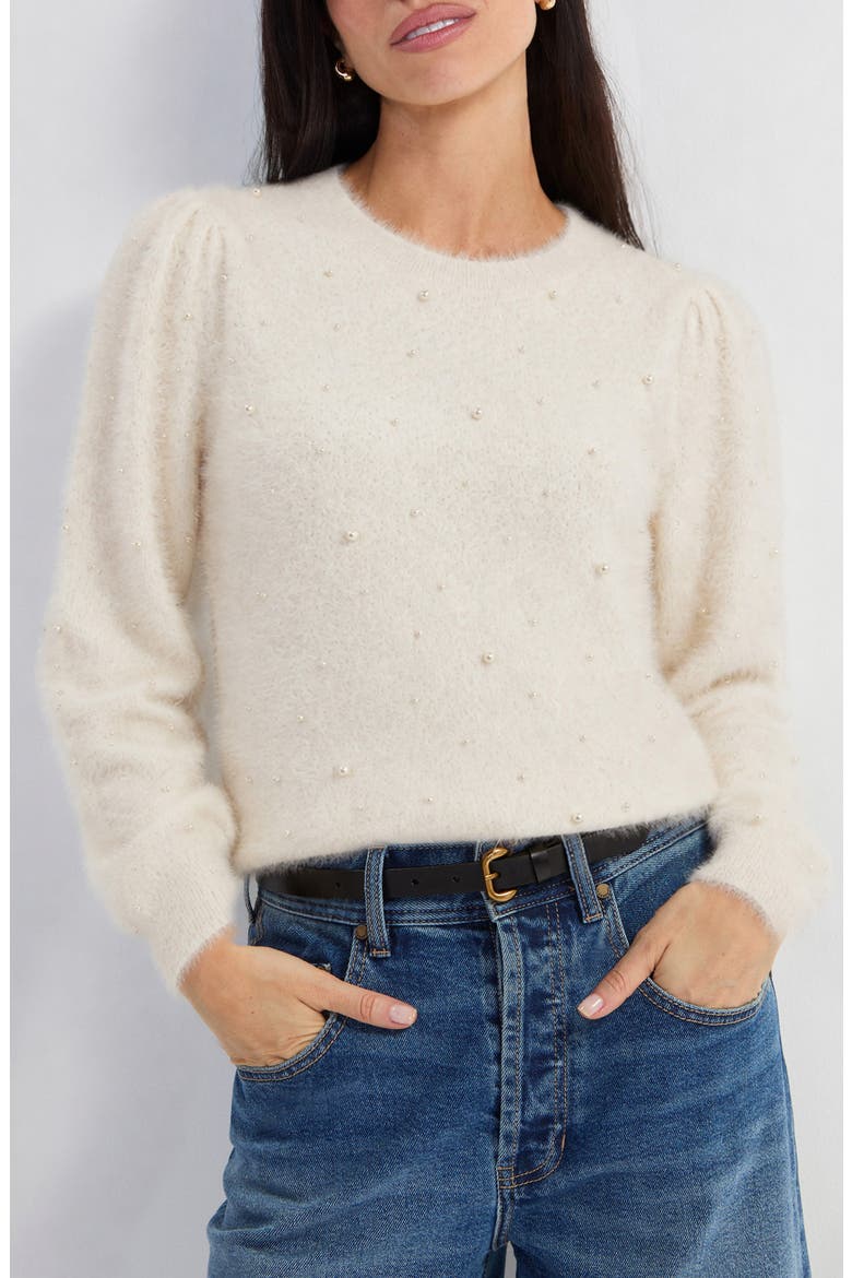 Puff Sleeve Pearl Embellished Sweater, Main, color, IVORY