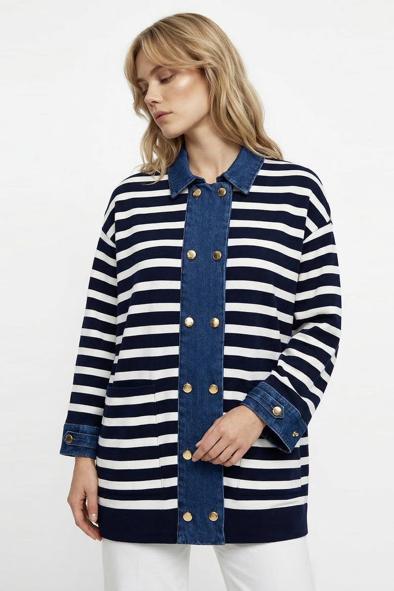 Gaetan Long Sleeve Striped Knit Cardigan, Alternate, color, Navy