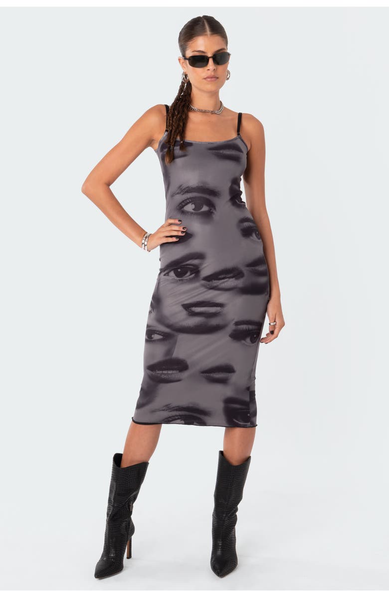 EDIKTED Eyes On You Print Mesh Midi Dress, Alternate, color, Grey