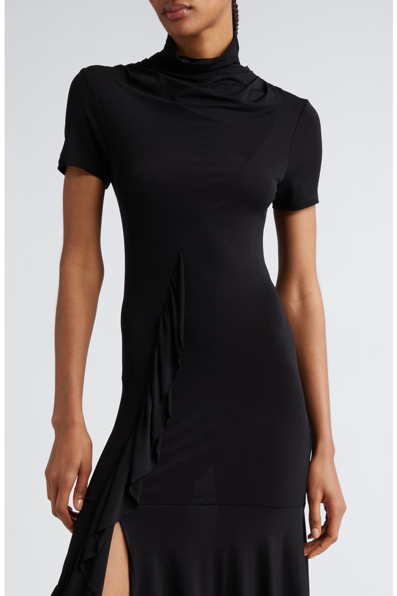 Wauto Funnel Neck Ruffle Detail Jersey Midi Dress, Alternate, color, BLACK