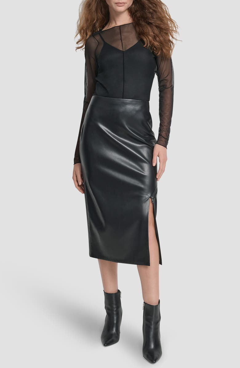 DKNY Faux Leather Midi Skirt, Alternate, color, Black