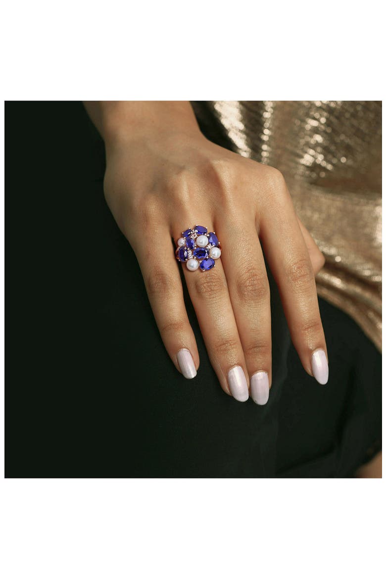 Lab Grown Blue & White Sapphire & Cultured Freshwater Pearl Ring, Alternate, color, BLUE