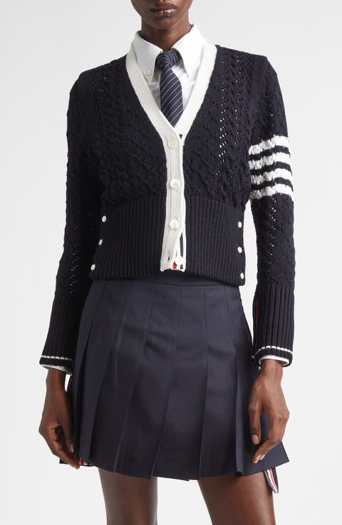 4-Bar Pointelle Cable Virgin Wool Cardigan