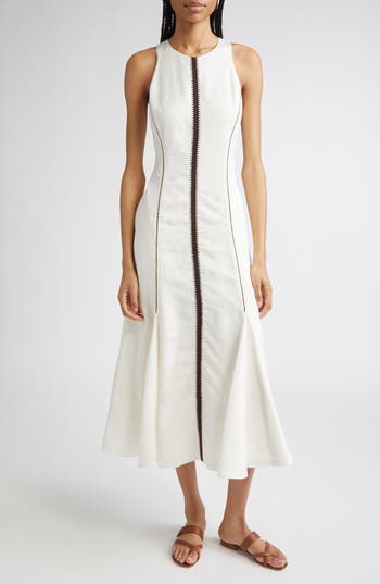 Reiss Womens Inaya Craft-stitch Linen-blend Midi Dress Ivory Black In Multi