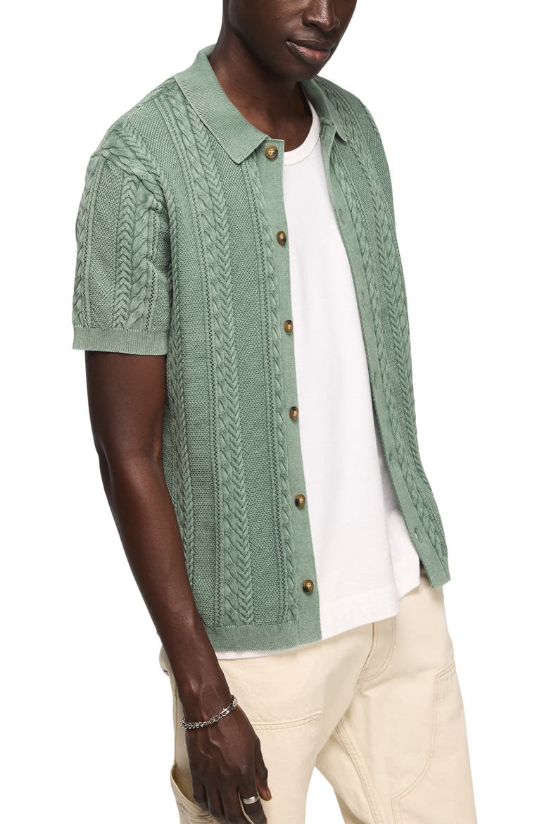 Fisherman Knit Short Sleeve Button-Up Shirt, Alternate, color, FROSTY SPRUCE