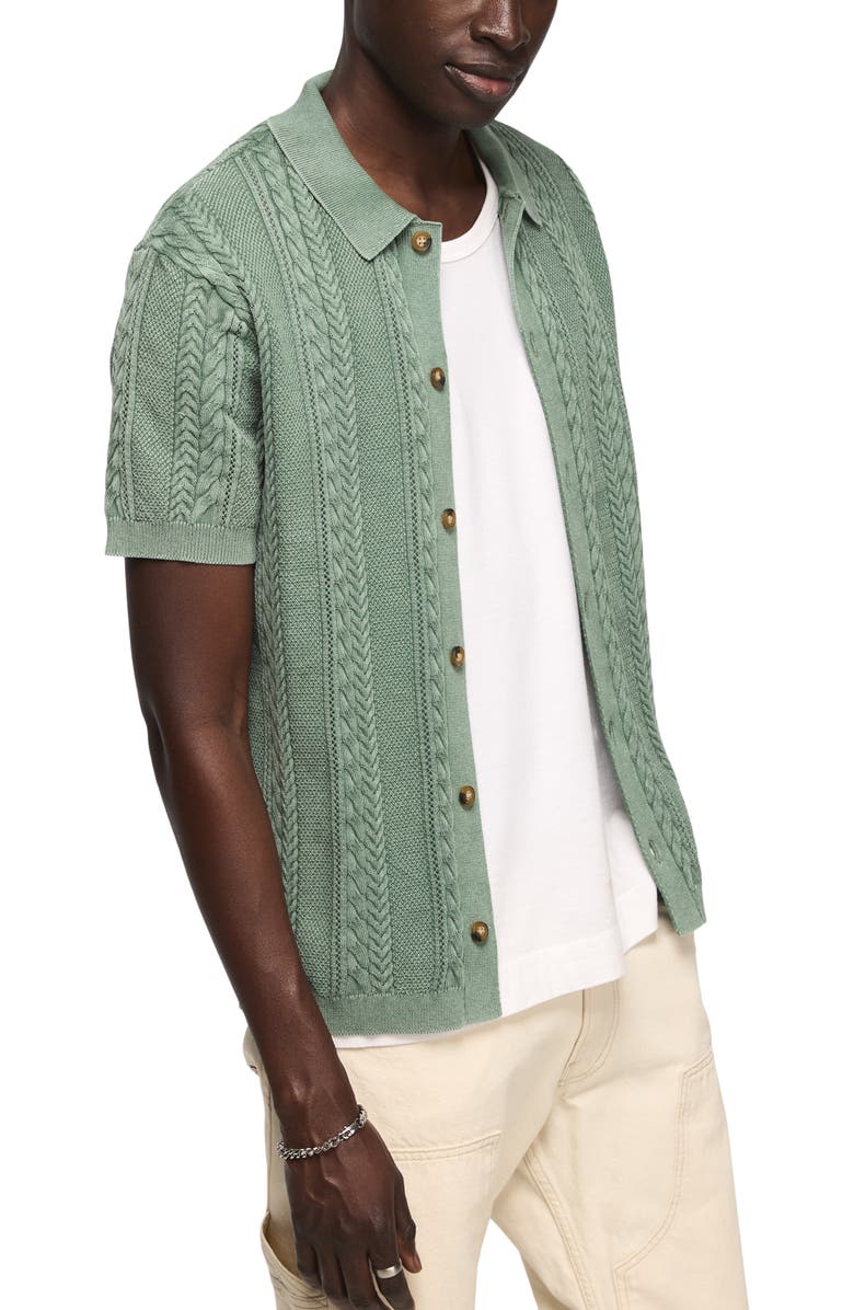 Lucky Brand Fisherman Knit Short Sleeve Button-Up Shirt, Alternate, color, Frosty Spruce