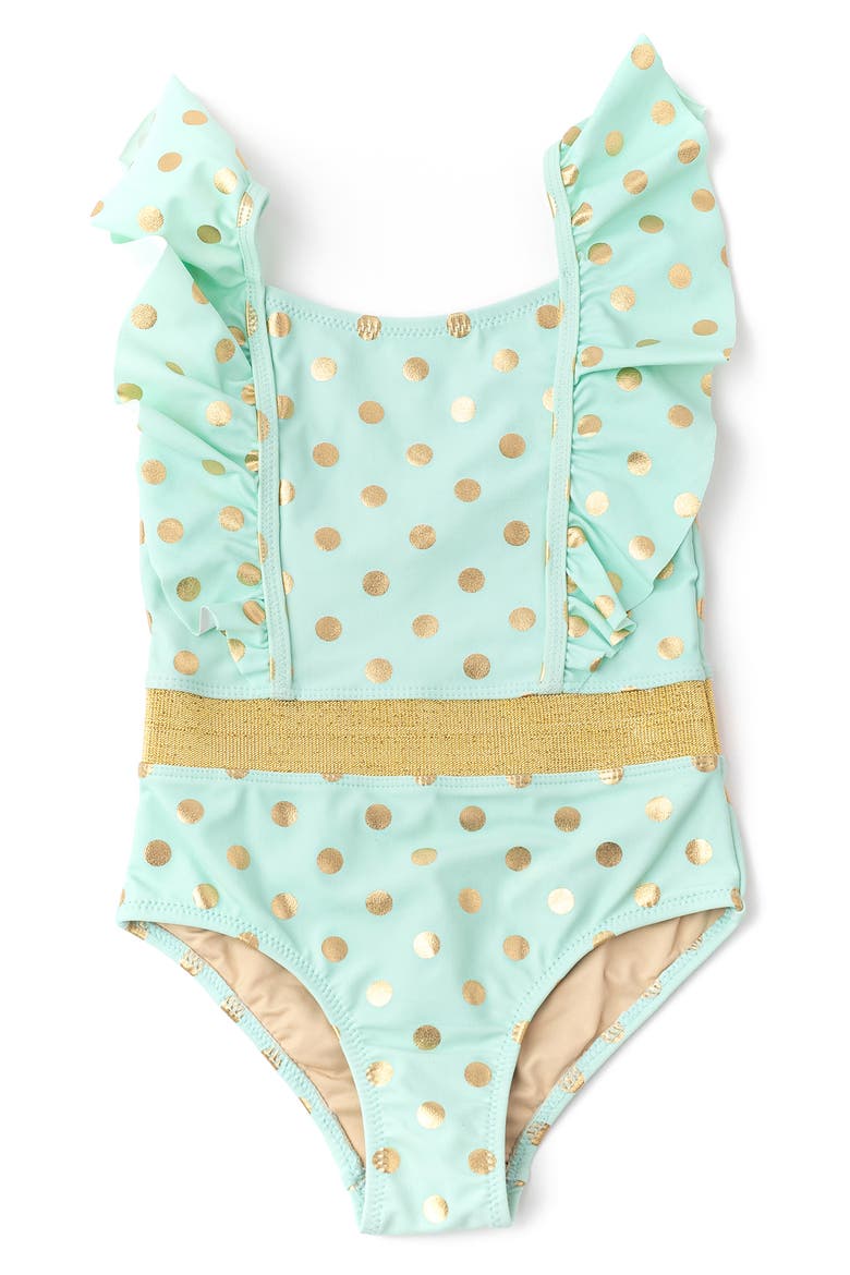 Kids' Foil Dot Ruffle One-Piece Swimsuit, Main, color, MINT