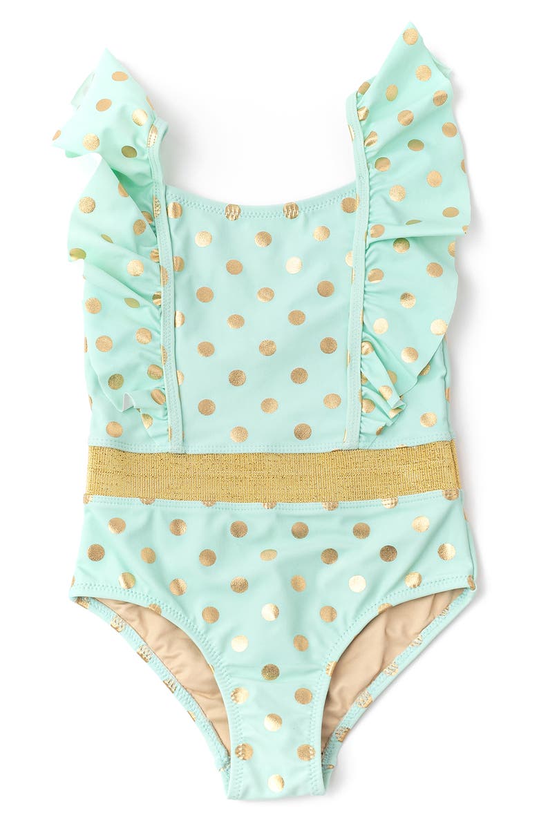 Shade Critters Kids' Foil Dot Ruffle One-Piece Swimsuit, Main, color, Mint