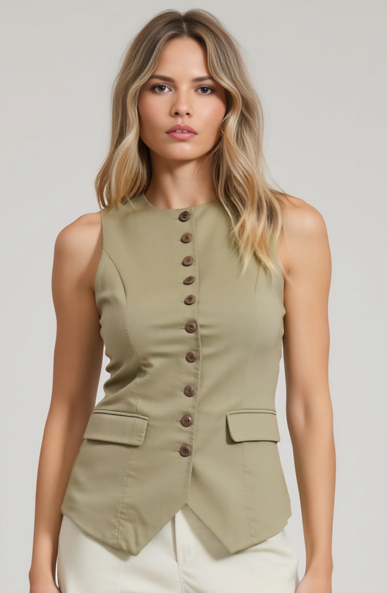 Modenaire Tailored Button Front Flap Pocket Notched Hem Vest, Main, color, Olive Green