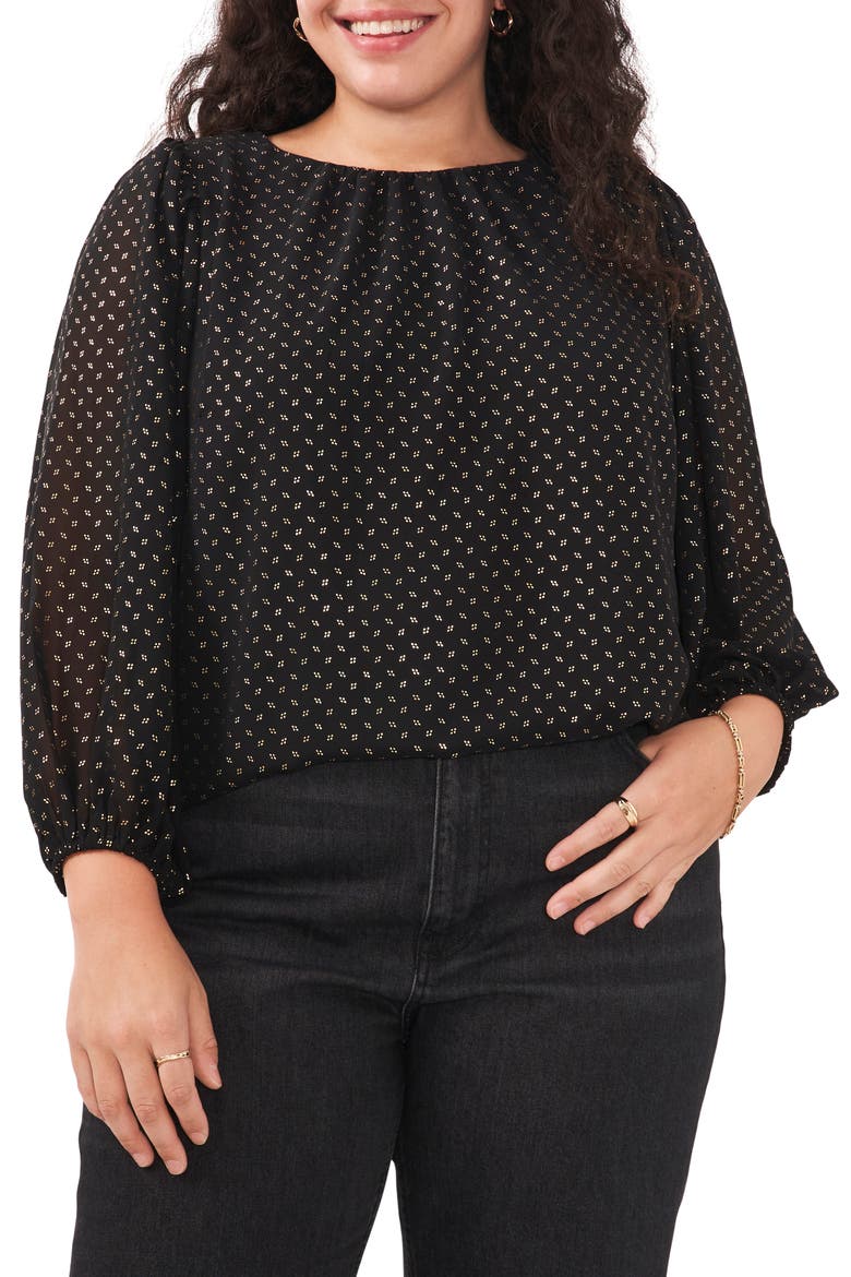 Dot Print Balloon Sleeve Blouse, Main, color, RICH BLACK