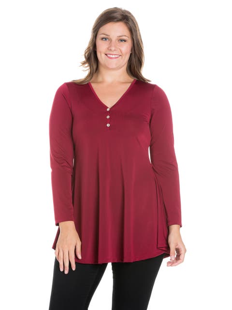 Plus Size Flared Long Sleeve  Henley Tunic Top