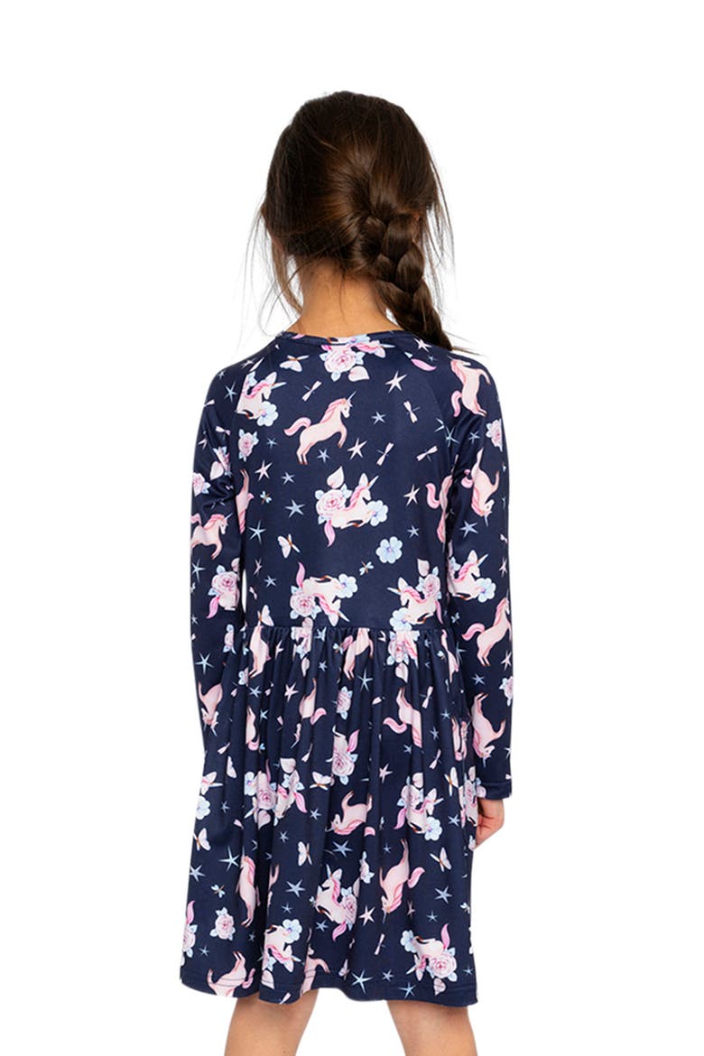 Long Raglan Sleeve Unicorn Dress with Patch Pockets, Alternate, color, Navy Unicorn Print