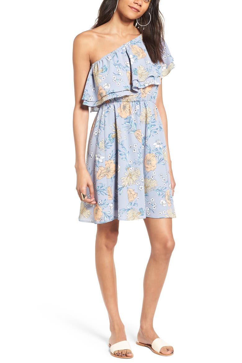 Ruffle One-Shoulder Dress, Main, color, LIGHT BLUE CORAL FLORAL