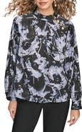 Donna Karan New York Floral Shoulder Button Long Sleeve Top