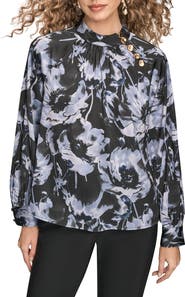 Donna Karan New York Floral Shoulder Button Long Sleeve Top
