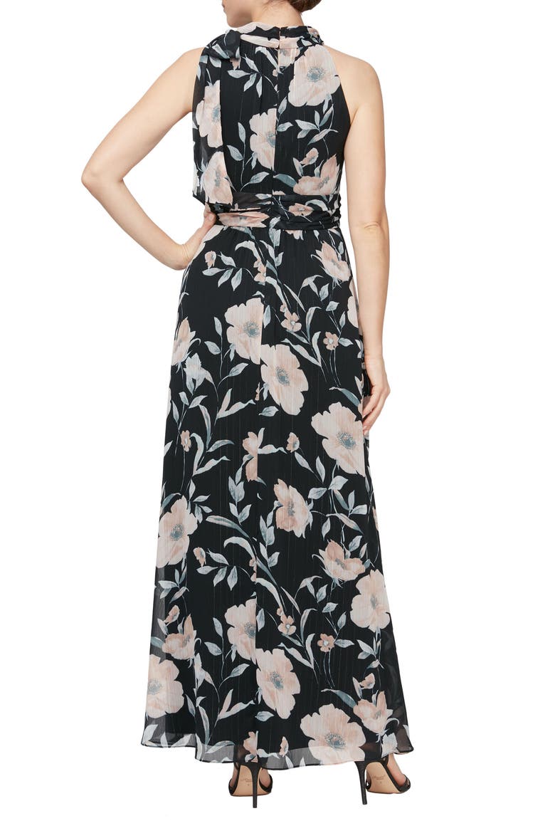 Floral Tie Neck Maxi Dress, Alternate, color, BLACK MULTI