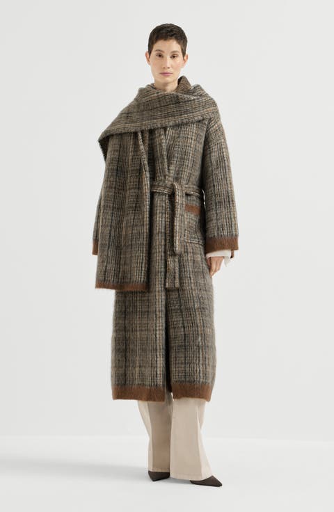 Mohair and wool Prince of Wales double knit coat with scarf