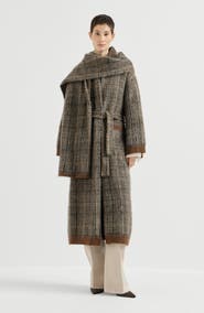 Brunello Cucinelli Mohair and wool Prince of Wales double knit coat with scarf