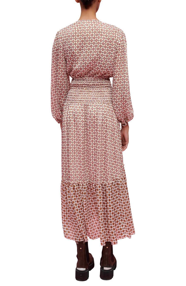 maje Geometric Long Sleeve Tiered Cotton Dress, Alternate, color, Geometrique Fond Ecru