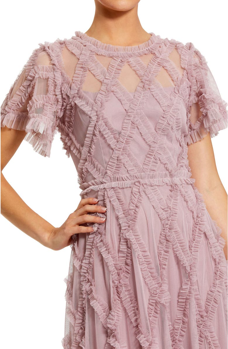 Mac Duggal High Neck Short Sleeve Ruffle Ankle Length Dress, Alternate, color, Heather