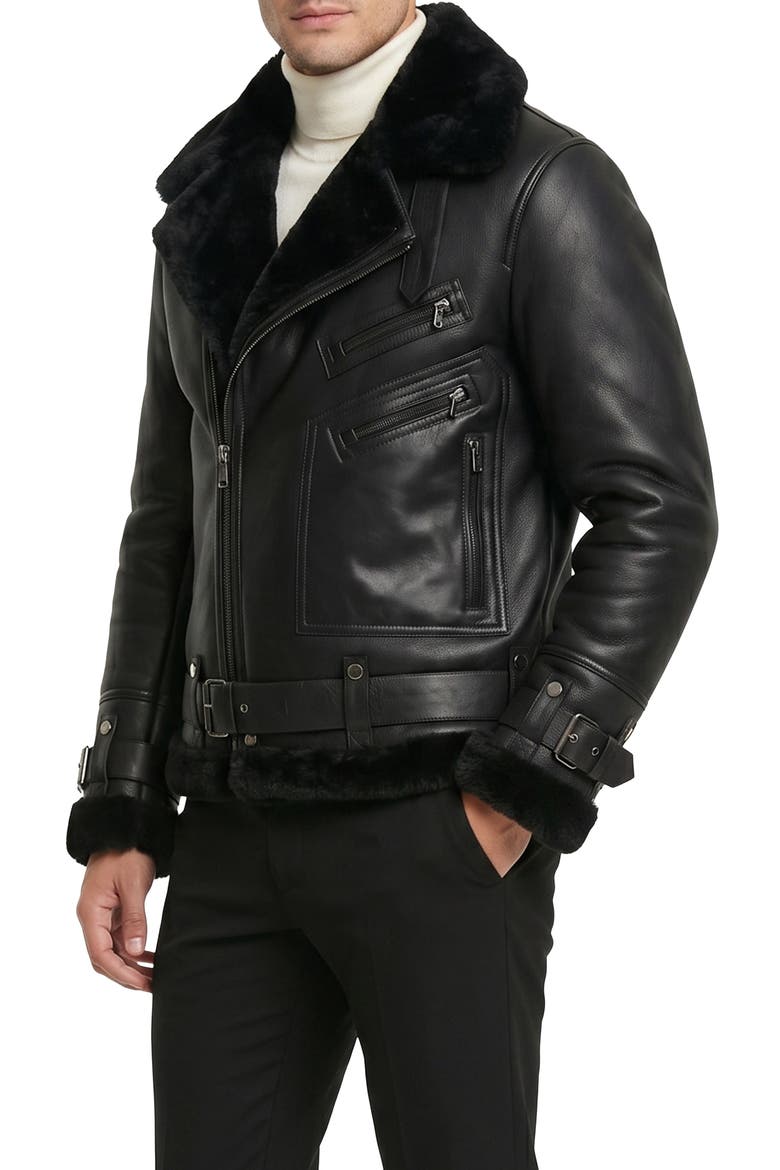 Men's  Genuine Shearling  Moto Zip Jacket, Alternate, color, BLACK