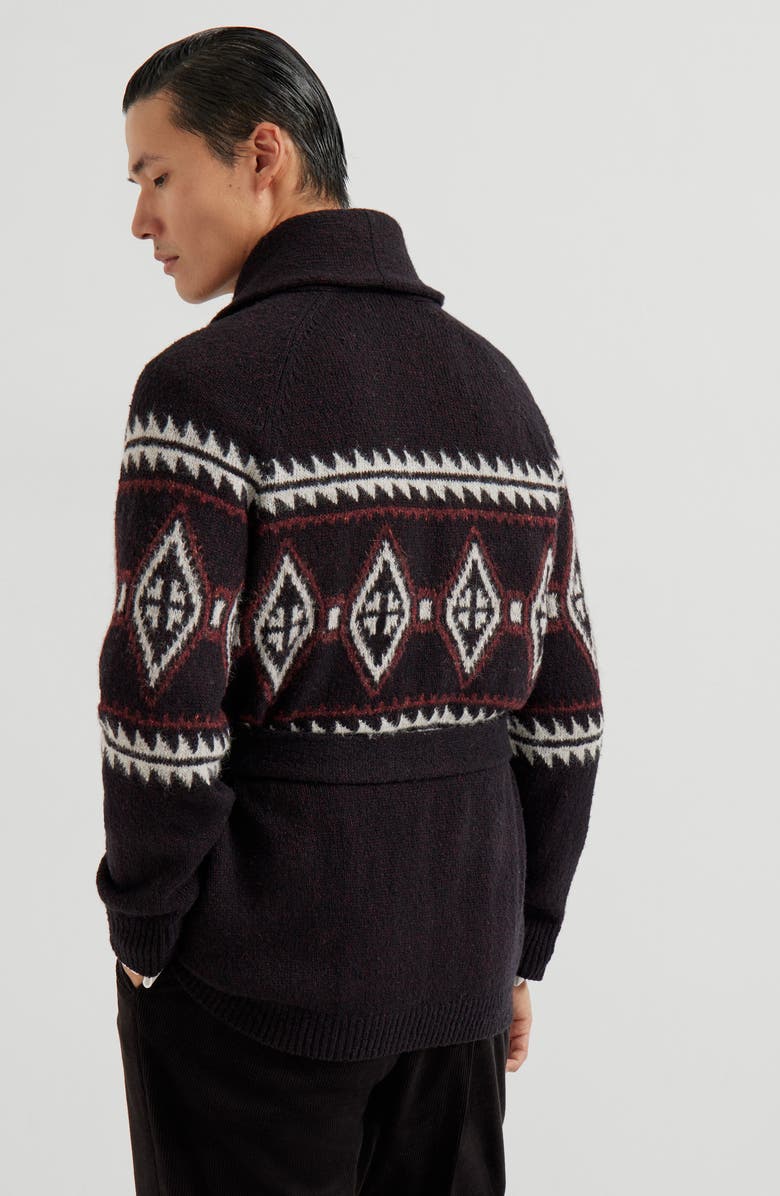 Brunello Cucinelli Geometric jacquard belted cardigan, Alternate, color, Black