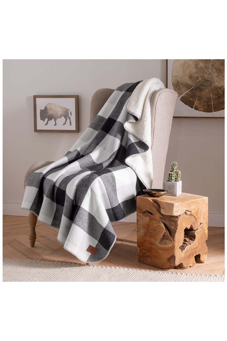 Reversible Plaid & Faux Shearling Throw Blanket (Nordstrom Exclusive), Alternate, color, BLACK/ IVORY