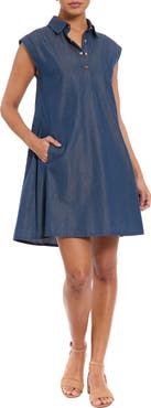 London Times Cap Sleeve Denim A-Line Dress