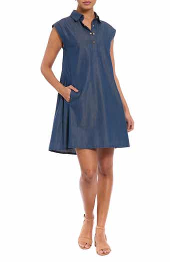 London Times Cap Sleeve Denim A-Line Dress