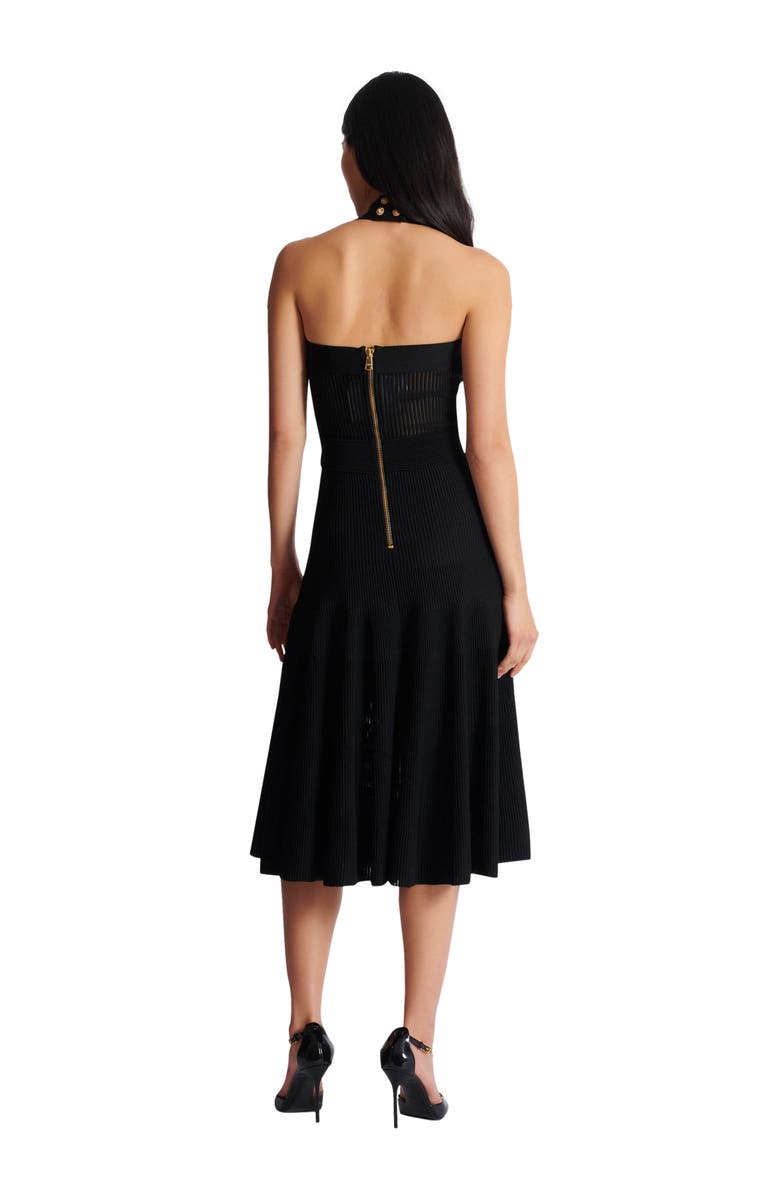 Balmain Halterneck pleated knit midi dress, Alternate, color, Black