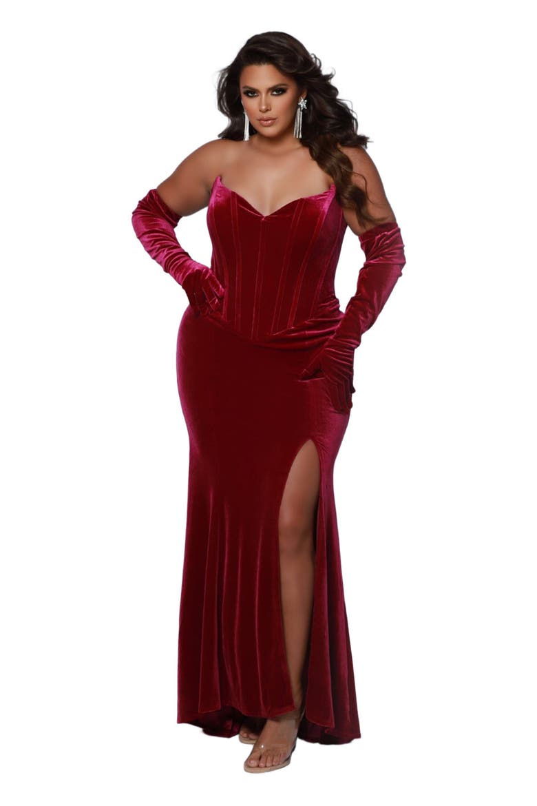 Strapless Velvet Corset Plus Size Evening Gown with Gloves, Alternate, color, Berry