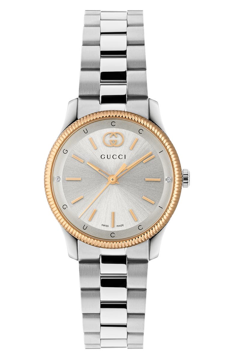 Gucci G-Timeless Diamond Slim Bracelet Watch, 29mm, Alternate, color, Silver/ Rose Gold