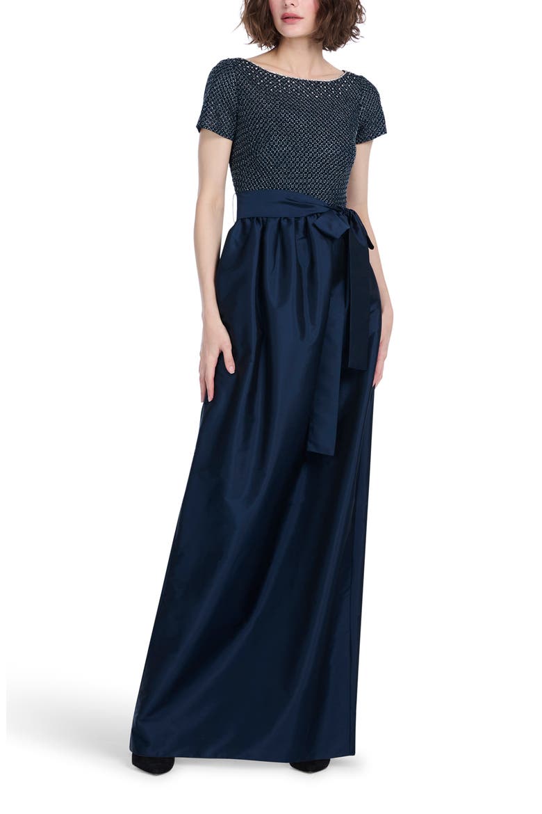 Beaded Taffeta Gown, Main, color, NAVY