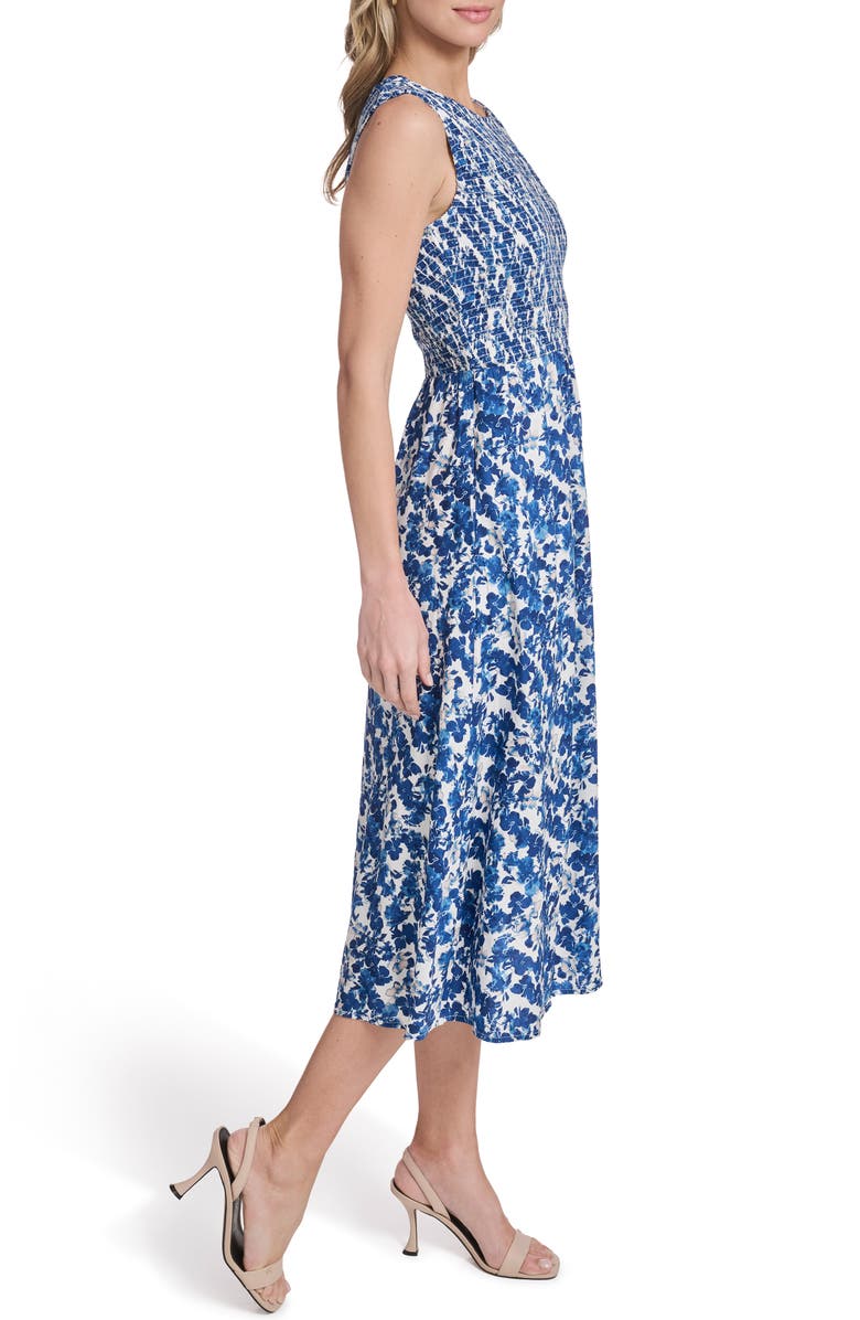 Calvin Klein Floral Sleeveless Smocked Midi Dress, Alternate, color, White/Blue