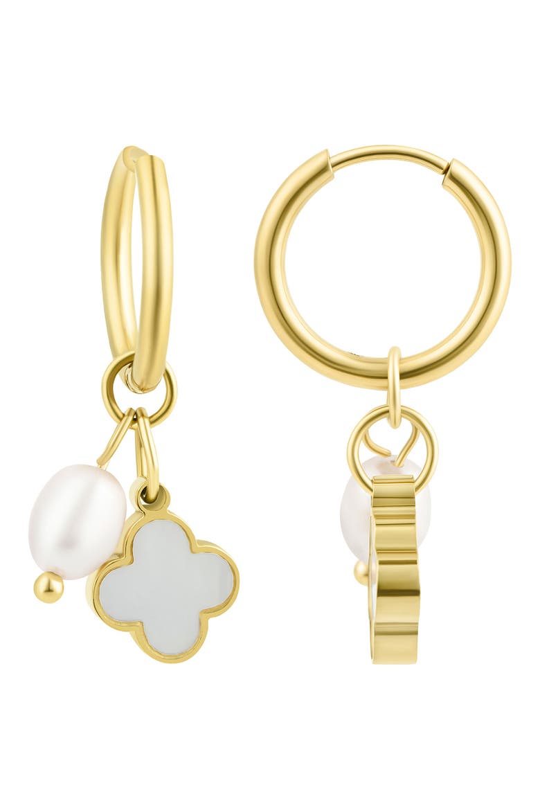 Freshwater Pearl & Clover Hoop Earrings, Main, color, WHITE